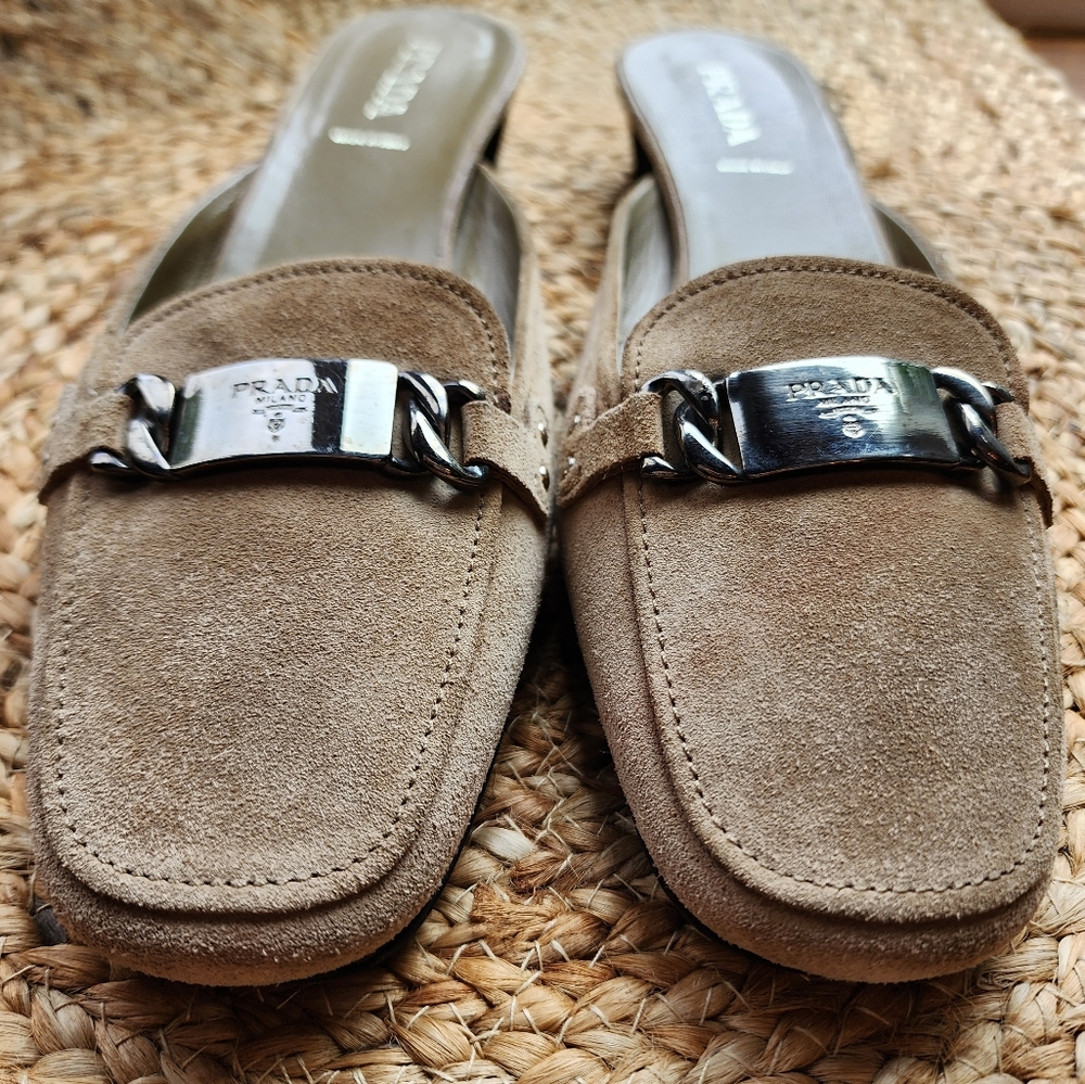 Prada Light brown Suade Mules SZ 40-9.5 narrow